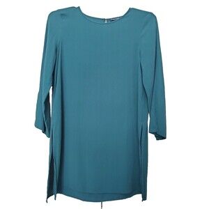 Eileen Fisher Green Silk Long Sleeve Tunic w/Side Vents Size SP Lagenlook